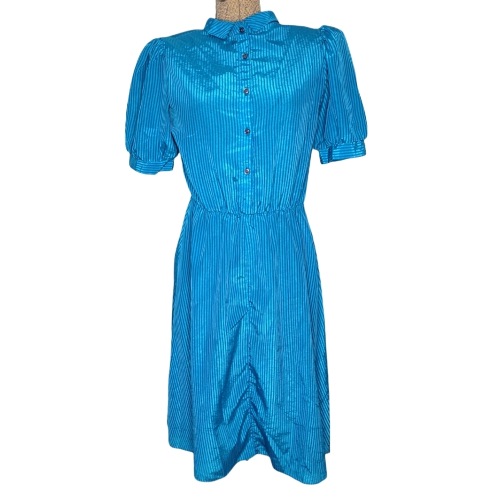 Vintage blue striped short sleeve midi dress with neck ties size medium